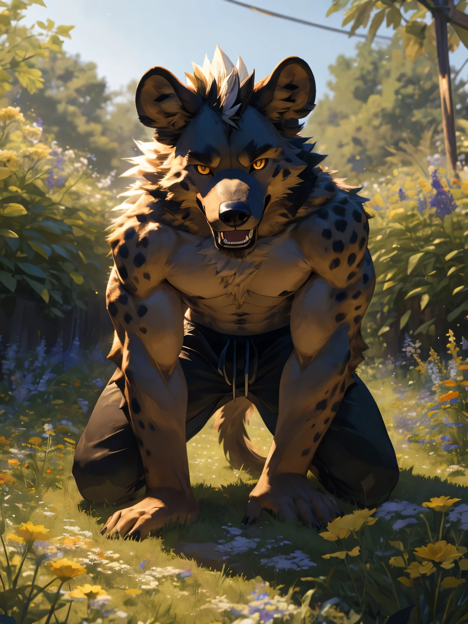 White fur, Yellow fur, Brown fur, masterpiece, best quality, NJ5Furry, solo, 1 male, furry, male focus, Wolf, grin, dominant, (teeth), two-tone fur, (naked), muscular, Thick eyebrows, scar on eye, by null-ghost, Cooper from remember the flowers, artwork, digital artwork, ((large canine penis)), erection, abandoned ruins, dim lighting, (Sharp focus, masterpiece, 8k, intricate artwork, hyper-detailed, high detail), (high dynamic range), (((ground level view))), detailed eyes, (black eyes), looking down, drool, (leaking cum), standing, close up shot, penis close up, arm lifted up