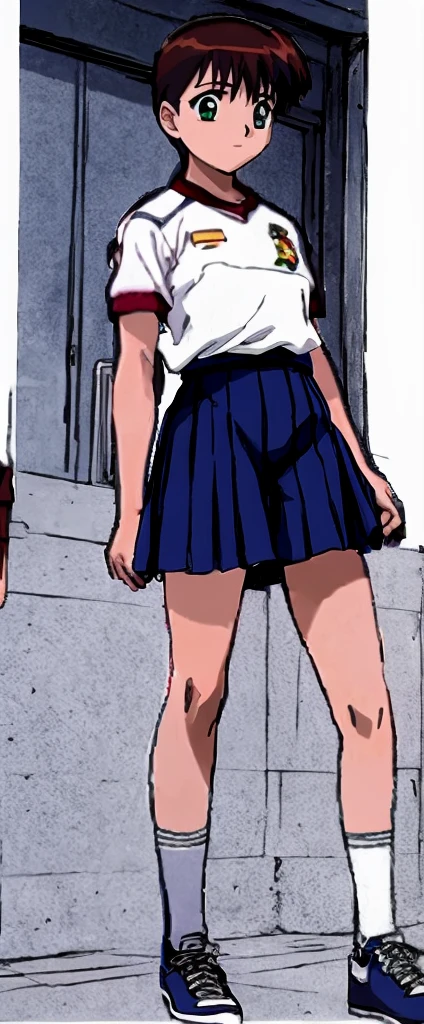 Miyanoshita Satsuki, with her beautiful legs, is standing blushing in the schoolyard wearing a white gym uniform and light navy blue bloomers that look like panties.。