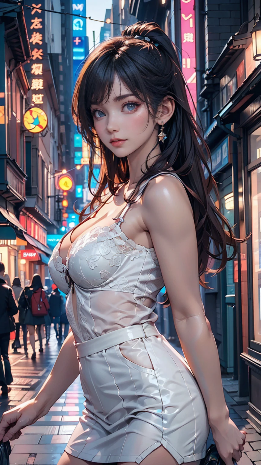 (masterpiece, Highest quality, Super detailed:1.3), Perfect composition, 4K, (Very detailed, Super detailed), Soft lighting, born, High resolution, 8k Texture, Extremely detailed, Very detailed肌の質感, Magnificent details, High Sharpness, One girl, (Detailed eyes:1.3), (18-year-old girl:1.3), (skinny), (Big Breasts), small, on the road, In public, City of night, night lighting, Neon Light, anime, figure,