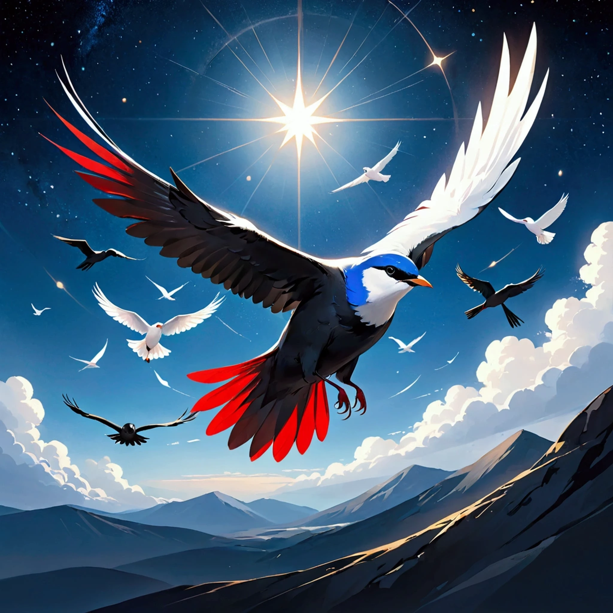 A white bird, black bird, red bird, blue bird flying around a star