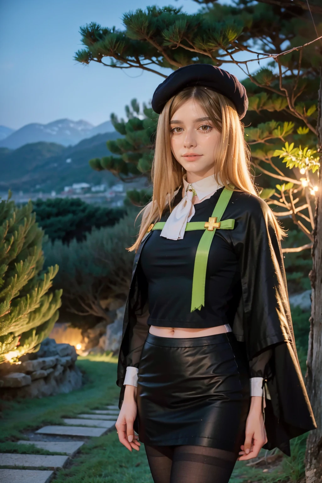 1 girl, best quality, ((Miyo)), tarankaaa, perfect face, NOT Dasha Taran, beautiful smile, 30 years old, ((ascot,uniform, black skirt, cross, ribbon, gold blonde hair, emerald, beret, cape, pantyhose)), ((perfectly drawn hands)), perfect body, bare tree, bush, fog, forest, grass, nature, outdoors, plant, scenery, solo, standing, tree, 32k photograph, ((perfect eyes, detailed eyes,realistic eyes)), ((sharp face, detailed face, realistic face, natural skin, realistic skin, detailed skin, pores)), full body, tone mapping, asian-european, ((masterpiece)), ((highres)), ((detailed background)), japanese village background, night, big proportions, (abdomen is covered)