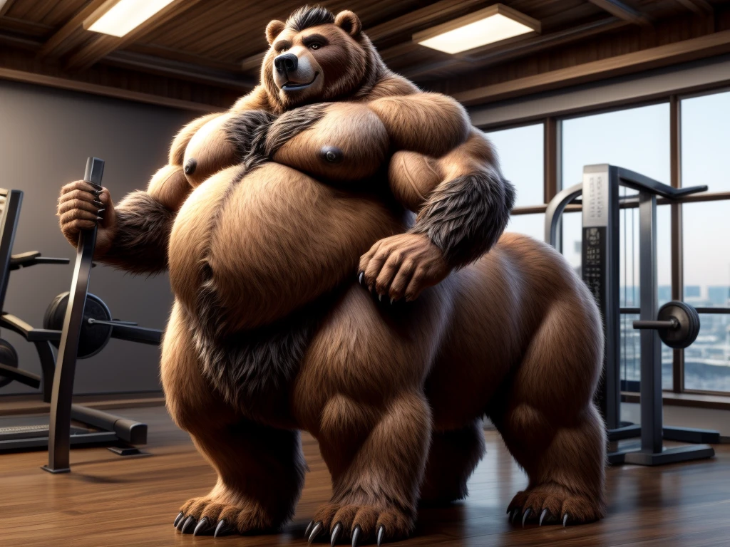 furry, fur taur, beartaur, human-like, anthro,  middle-age, solo,1man, detailed face, bear ears, bear eyes(brown), bear nose(black), bear mouth, beard(grey), hair, mature hair(grey), detailed arm, thick arm, forearm hair, muscular, thick hands(5 fingers), thick claws, detailed body belly, thick body, muscle belly(white), thick chest, chest hair(white), nipples, detailed taur body, thick taur body, waist hair, thick bear paws, bear paws hair, thick bear claws, thick bear tail, full body shot, standing in the asia fitness centar