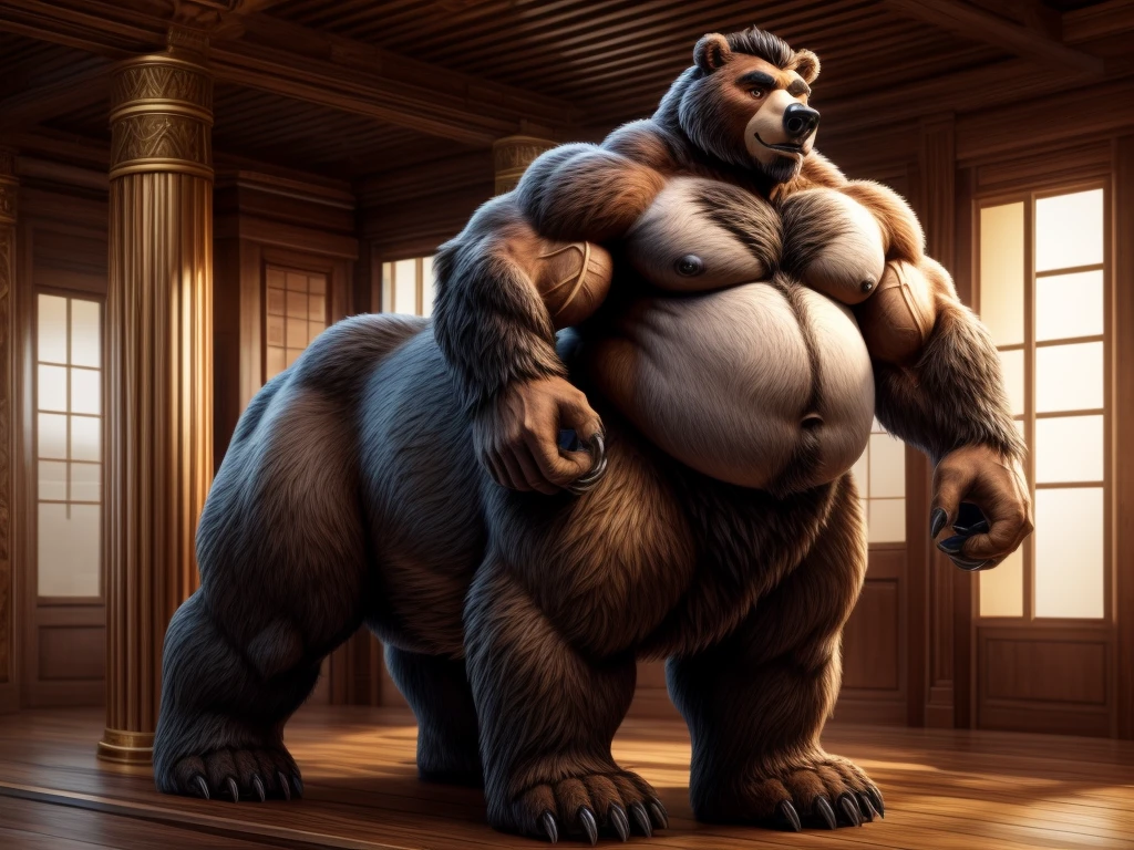 furry, fur taur, beartaur, human-like, anthro, middle-age, solo,1man, detailed face, bear ears, bear eyes(brown), bear nose(black), bear mouth, beard(grey), hair, mature hair(grey), detailed arm, thick arm, forearm hair, muscular, thick hands(5 fingers), thick claws, detailed body belly, thick body, muscle belly(white), thick chest, chest hair(white), nipples, detailed taur body, thick taur body, waist hair, thick bear paws, bear paws hair, thick bear claws, thick bear tail, full body shot, standing in the asia fitness centar