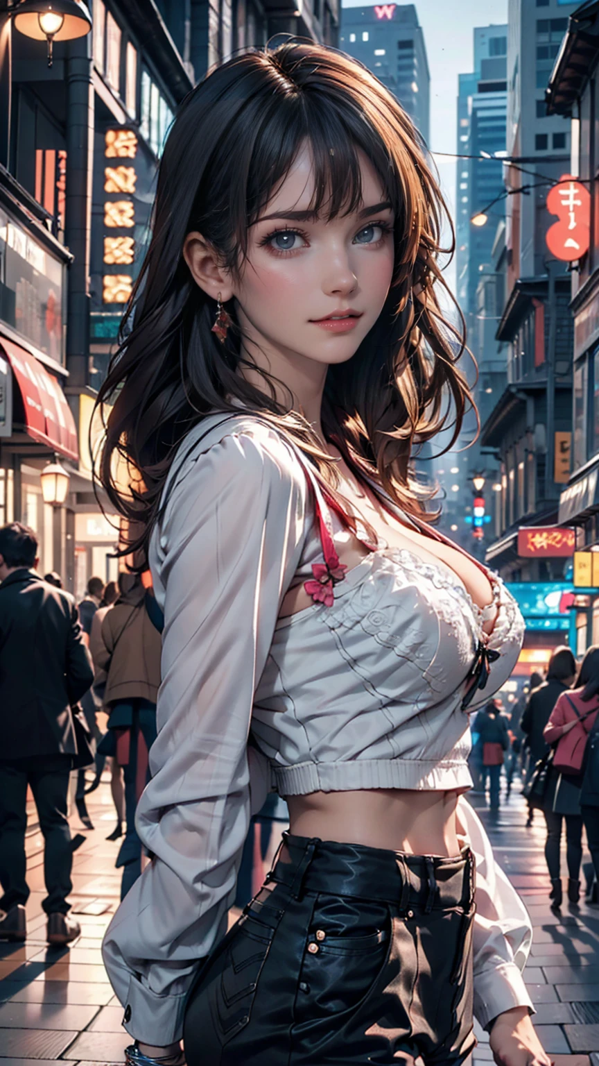 (masterpiece, Highest quality, Super detailed:1.3), Perfect composition, 4K, (Very detailed, Super detailed), Soft lighting, born, High resolution, 8k Texture, Extremely detailed, Very detailed肌の質感, Magnificent details, High Sharpness, One girl, (Detailed eyes:1.3), (18-year-old girl:1.3), (skinny), (Big Breasts), small, on the road, In public, City of night, night lighting, Neon Light, anime, figure,