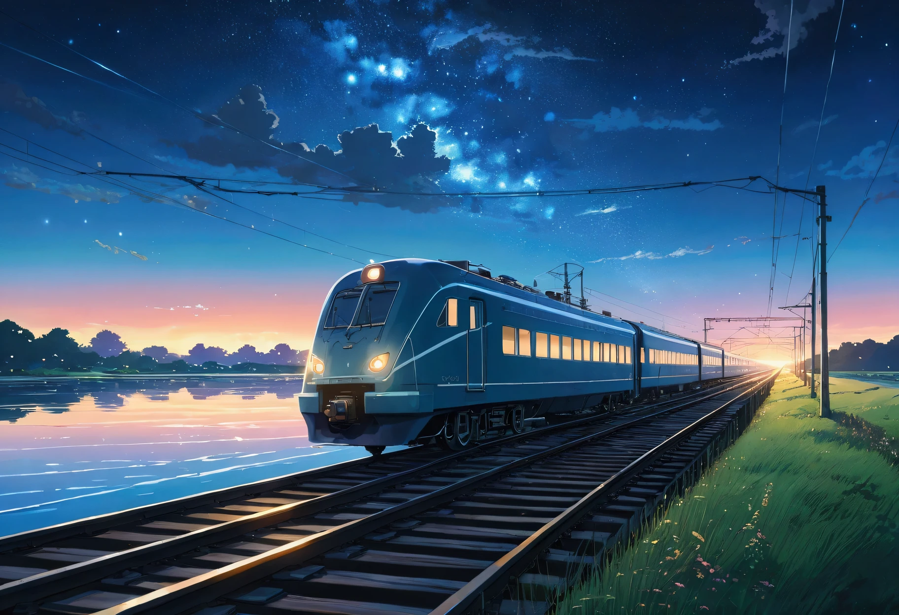 Masterpiece, Anime train passing through bodies of water on tracks, Bright starry sky. Romantic train, Makoto Shinkai's picture, Pisif, concept-art, Lofi art style, Reflection. By Makoto Shinkai, Lofi art, beautiful anime scenes, Anime landscape, Detailed scenery —width 672, in the style of makoto shinkai, Makoto Shinkai's style, Enhanced detail.