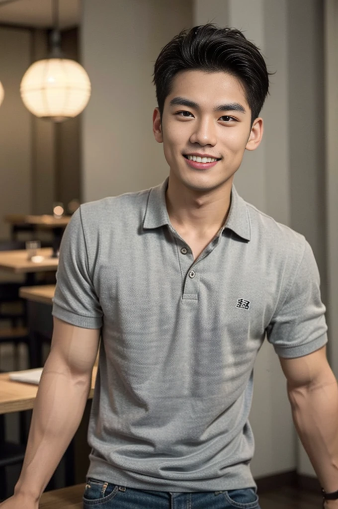 A handsome, muscular young Asian man looks at the camera. In a simple gray polo shirt , By the restaurant, mouth open and smiling