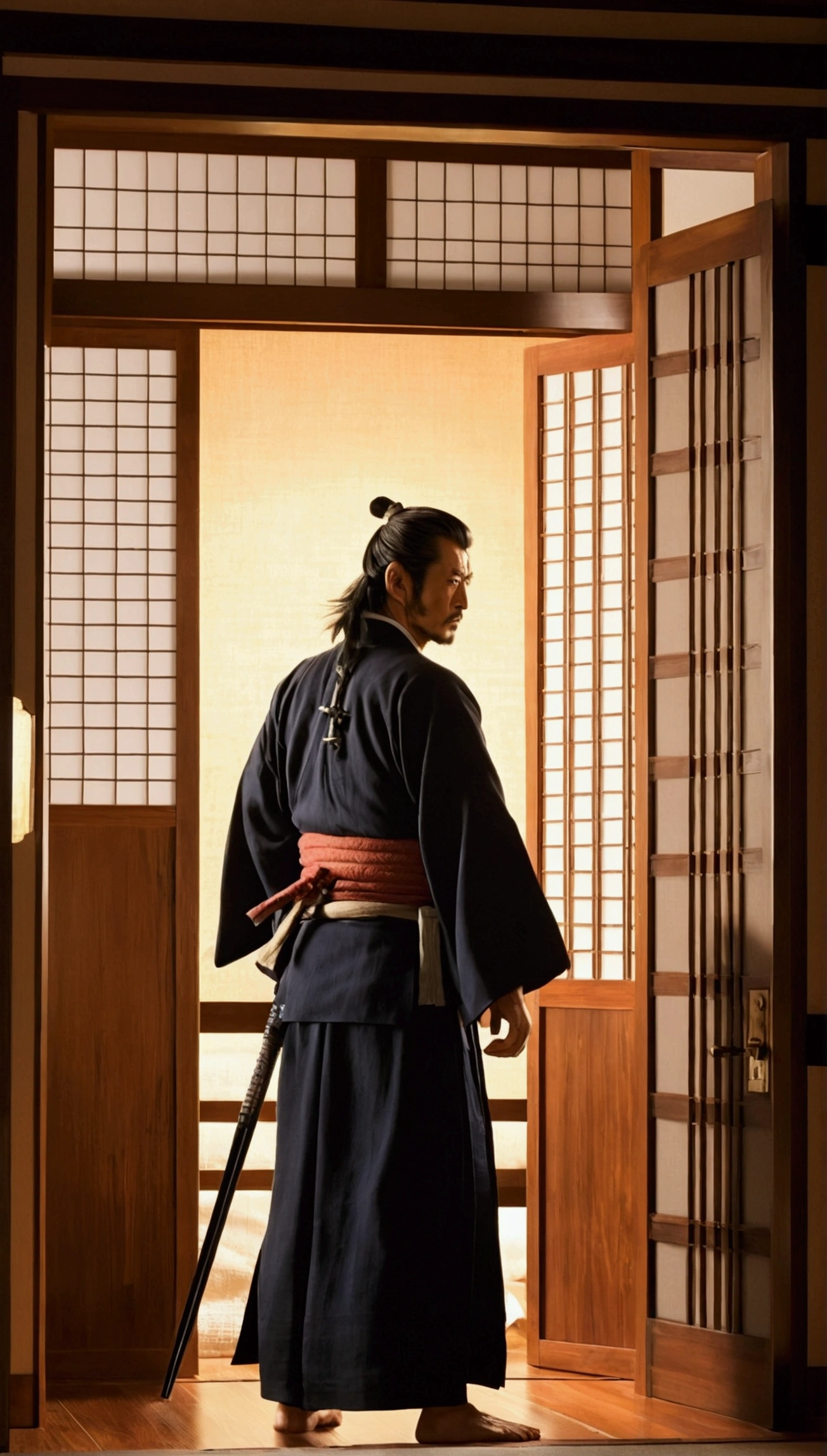 「Miyamoto Musashi sneaks into an enemy lodging in the middle of the night。He quietly opened the door、Peeking into the enemy's bedroom。
