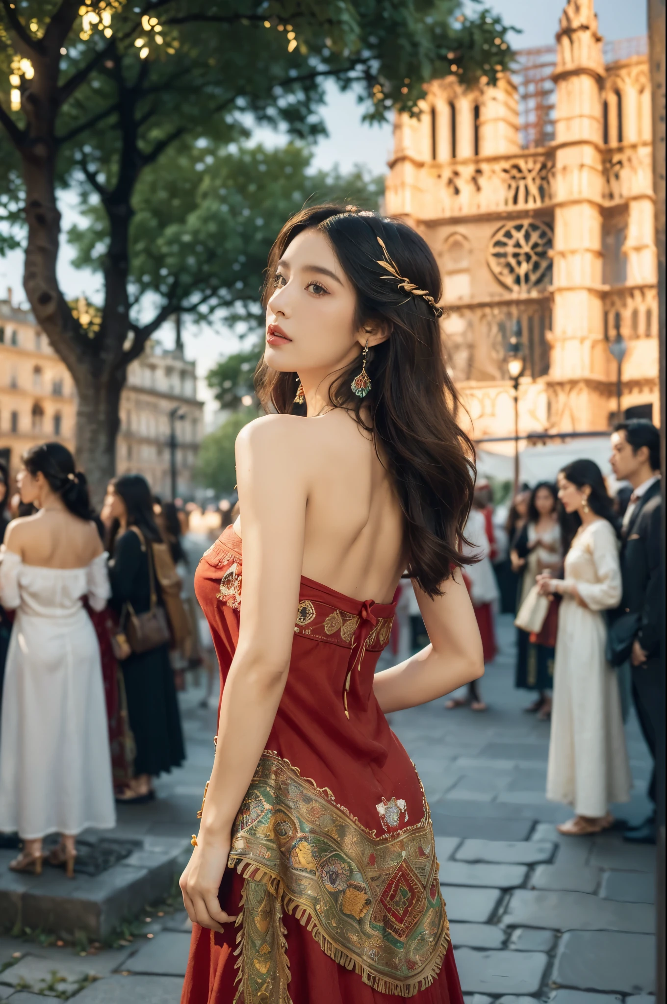 (((best quality))),(((ultra detailed))),(((masterpiece))),illustration,((1 beautiful girl,female Gypsy dancer,solo)),(shoulder length wavy bob hair:1.2),((slim,thin)),((strapless,bare back,towering hips,butt crack)),(detailed eyes:1.3),(Bohemian style embroidered red dress:1.5),(short sleeves:1.2),((earrings)),mystery,charm,(standing:1.3),(On the square outside Notre Dame Cathedral in Paris:1.5),(ancient Paris:1.2),traditional attire,vendors,fruits,handcrafted objects,pastries,bakeries,spire,Gothic architecture,sunlight,ethereal glow,busy cityscape,out of place,free spirit,creativity,lost in thoughts,dreams,possibilities,bygone era,snapshot,essence,magic of summer,(day scene:1.3),(outdoor:1.3),(surrounded by crowded crowds:1.3),((from back,upper body))
