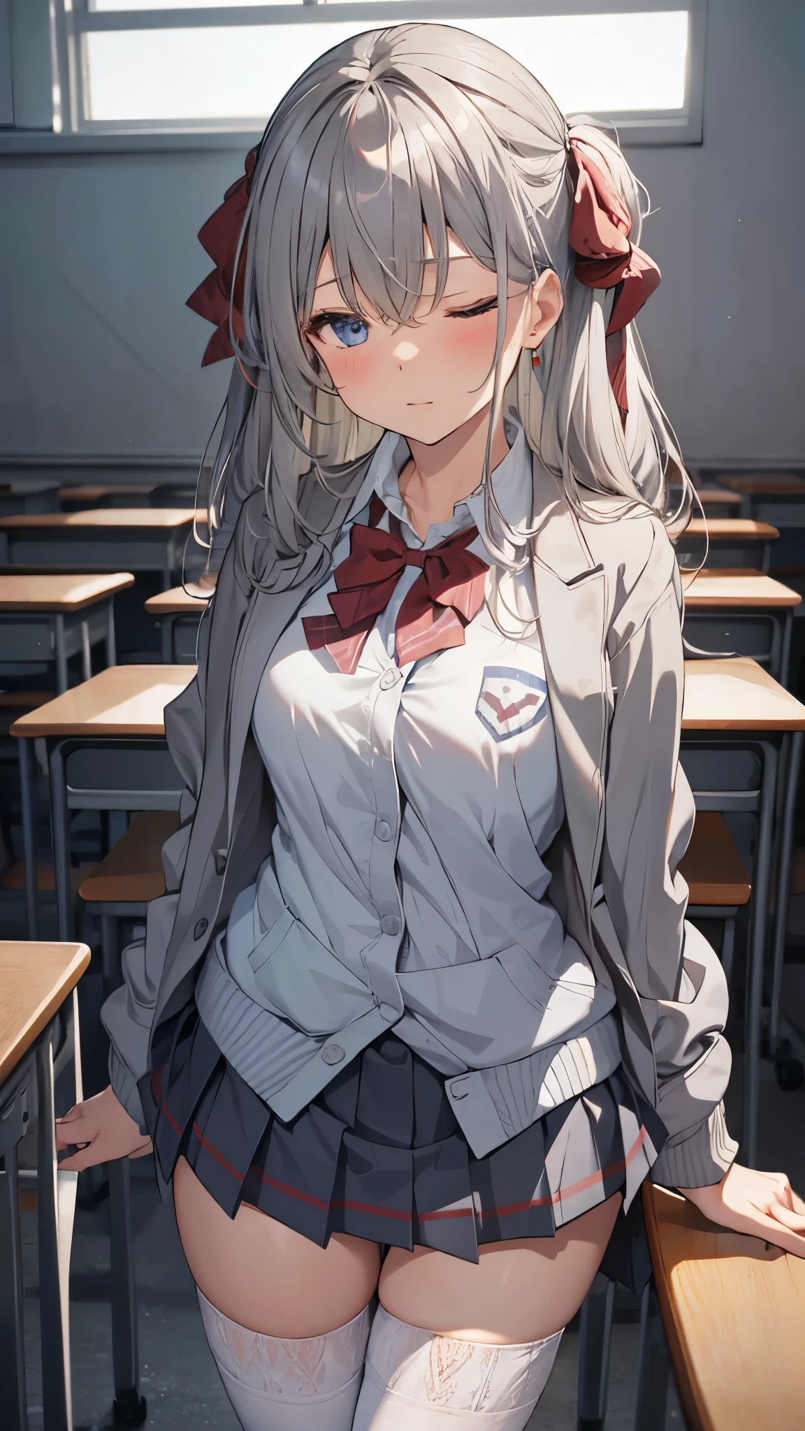 best quality,1girl,solo,alisa mikhailovna kujou,long hair,bangs,blue eyes,hair ribbon,ahoge,grey hair,red ribbon,skirt,shirt,long sleeves,bow,school uniform,jacket,white shirt,pleated skirt,collared shirt,bowtie,black skirt,red bow,red bowtie,blazer,grey blazer,long sleeves,classroom,blush,white thighhighs,front view,shouting,leaning_forward,> <, closed eyes,,arms_behind_back,