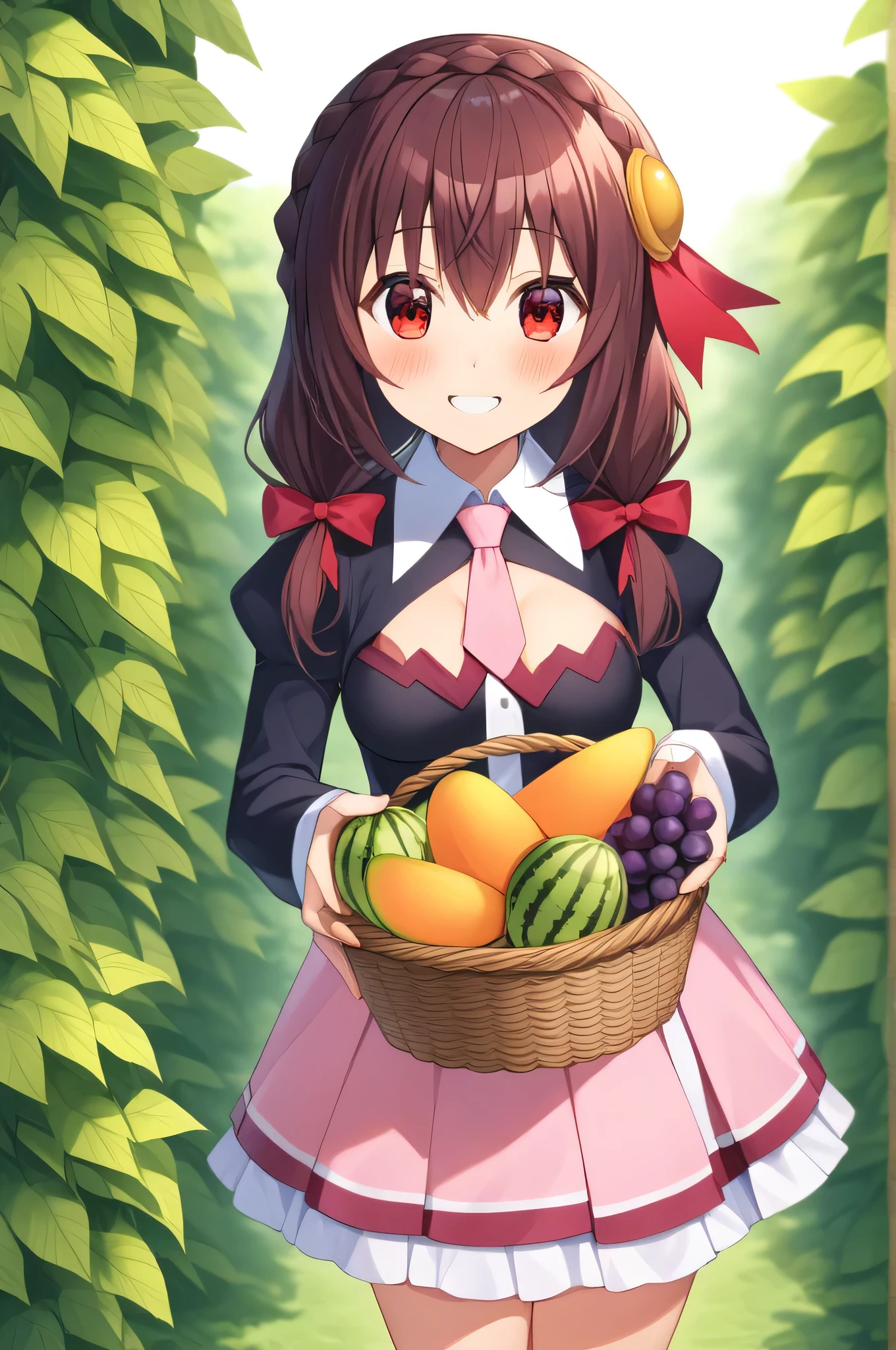alone, One girl, Yunyun, (A happy smile:1.5)、 (blush:1.5)、Crown braids of the same color as your hair, Red Eyes、hair ornaments, Hair Ribbon, Pink tie, Long sleeve, Pink Skirt, Knee socks, Cleavage, The background is a watermelon field、Holding a watermelon