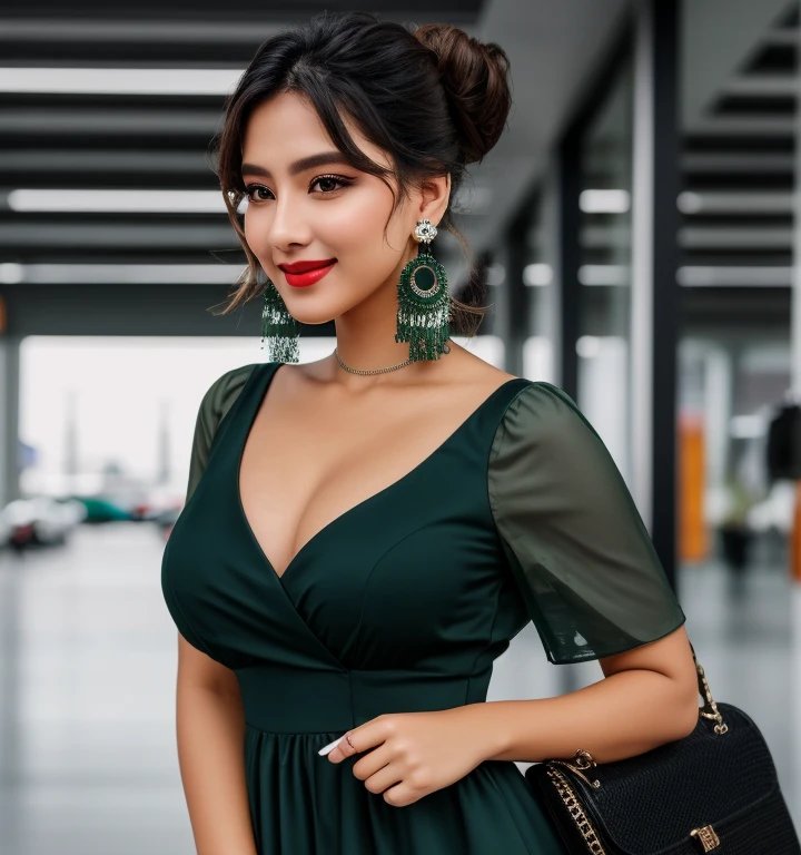 photo of cjsxx, a woman as a TikTok celebrity, hair upsweep updo, (elegant dark green dress:1.2), at the airport, suitcase, dark moody ambience (masterpiece:1.2) (photorealistic:1.2) (bokeh) (best quality) (detailed skin:1.2) (intricate details) (detailed eyes) (8k) (HDR) (cinematic lighting) (sharp focus), (looking at the camera:1.1), (closeup portrait:1.2), earrings. (smile512) Big brest nice clevage seductive poses red lips