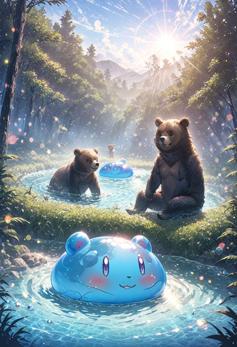 One person, Waterside in the forest、Sit with your feet in the water、Enjoy a slime bath、bear, Sit on the ground, Clear blue sky、Bokeh, depth、Fun Expressions、Portraiture、Lens flare、Detailed illustrations、Realistic depiction