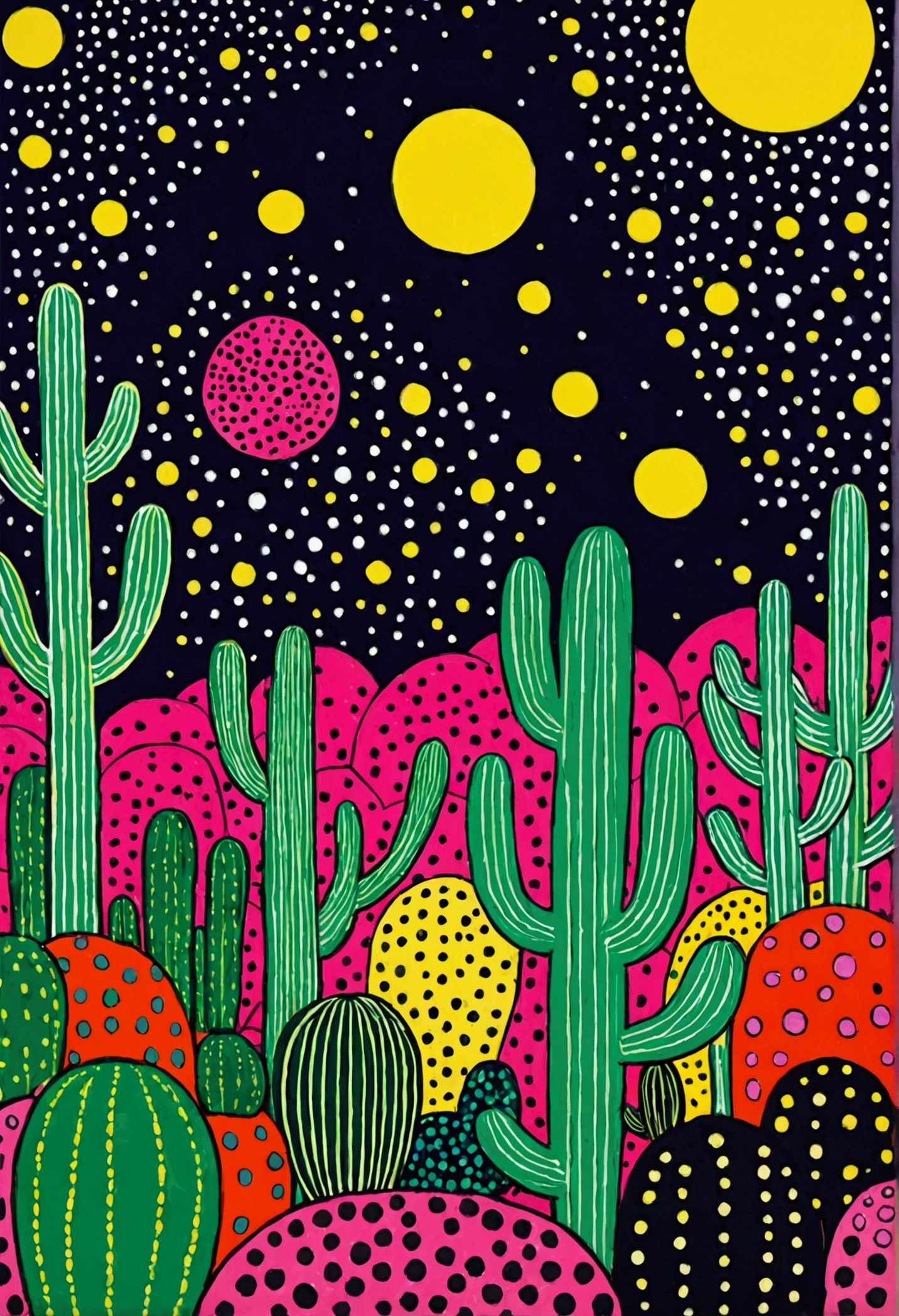 Blue starry sky、Neon，cactus，firefly，Dreamy colors，Illustration style（Artists can refer to Yayoi Kusama）