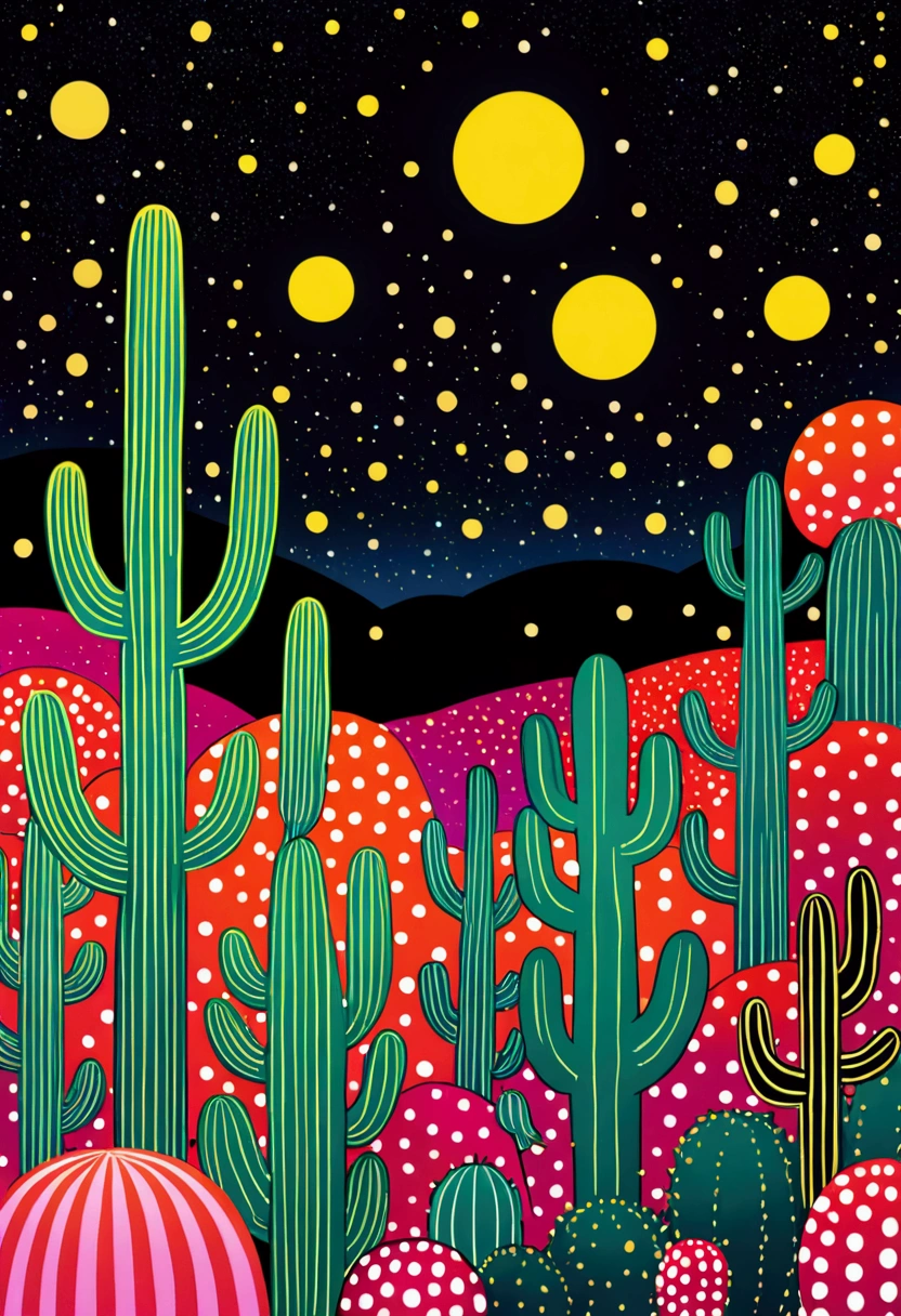 Dot、line、Neon,cactus,firefly,Dreamy colors,Illustration style(Artists can refer to Yayoi Kusama)