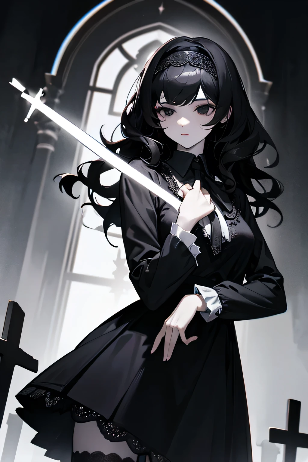 A gloomy girl with black wavy hair, bangs covering her face, black eyes, pale skin, wearing a black shirt with a white collar, long black lace sleeves, a black skirt with a long back and black stockings with a cross, on her head a large lace headband with a bow tied at the neck, against the background of a cemetery, looking into the camera and holding a cross in her hand