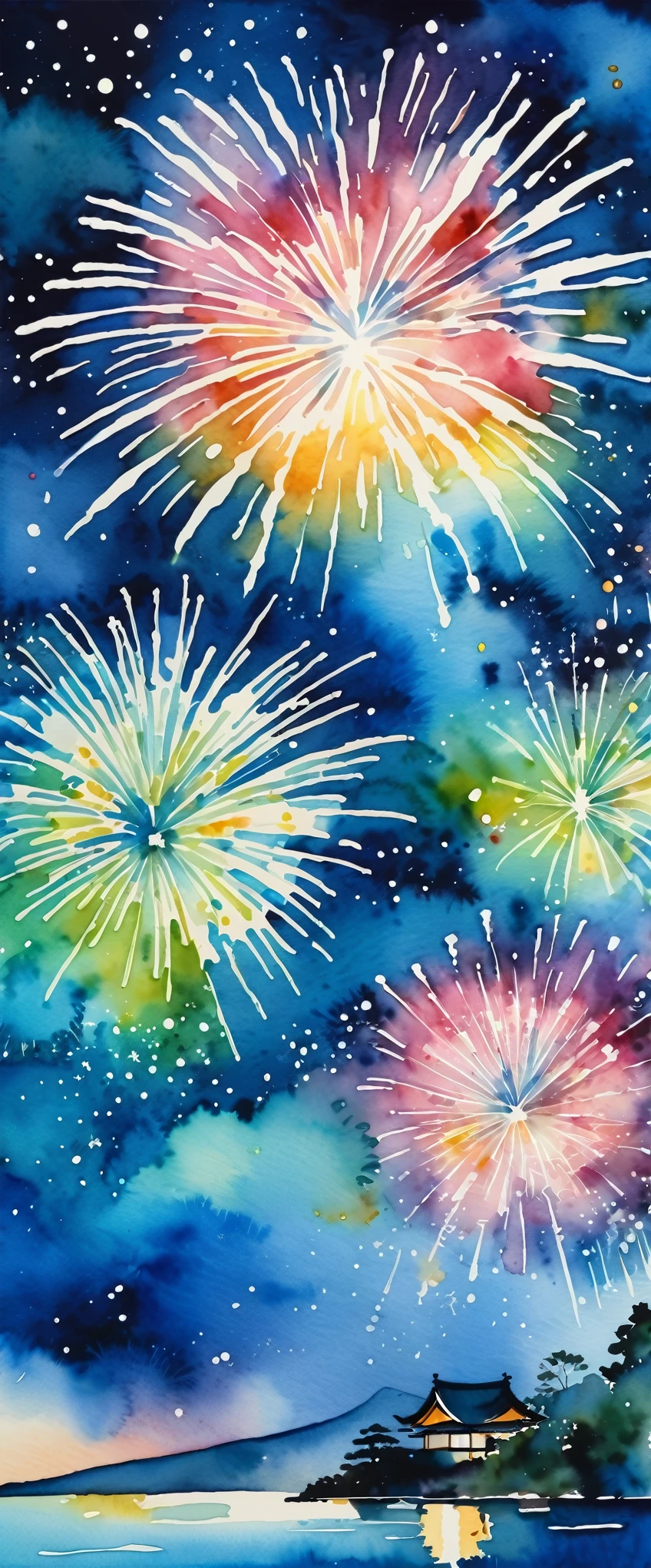 masterpiece,Beautiful fireworks watercolor,Summer in Japan,Night Sky,(Watercolor splashes、ooze、Blur、blotting、Effective use of the fading technique),(beauty),(Ephemerality)