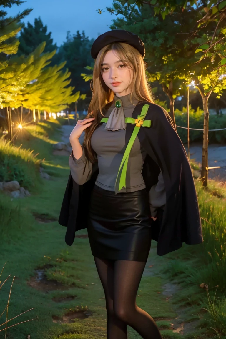 1 girl, best quality, ((Miyo)), tarankaaa, perfect face, NOT Dasha Taran, beautiful smile, 30 years old, ((ascot,uniform, black skirt, cross, ribbon, gold blonde hair, emerald, beret, cape, pantyhose)), ((perfectly drawn hands)), perfect body, bare tree, bush, fog, forest, grass, nature, outdoors, plant, scenery, solo, standing, tree, 32k photograph, ((perfect eyes, detailed eyes,realistic eyes)), ((sharp face, detailed face, realistic face, natural skin, realistic skin, detailed skin, pores)), full body, tone mapping, asian-european, ((masterpiece)), ((highres)), ((detailed background)), japanese village background, night, big proportions, (abdomen is covered)