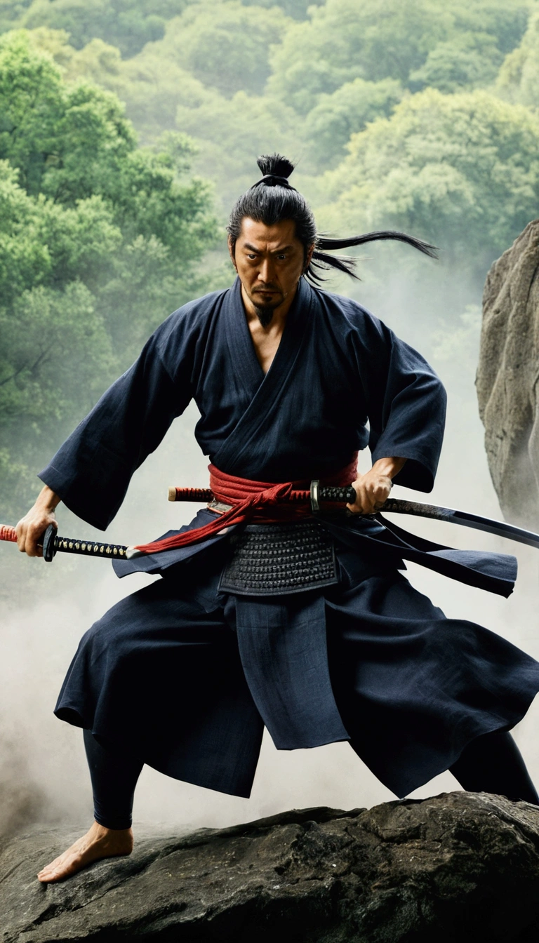 A scene of Miyamoto Musashi fighting multiple enemies。He is facing several enemies alone.。