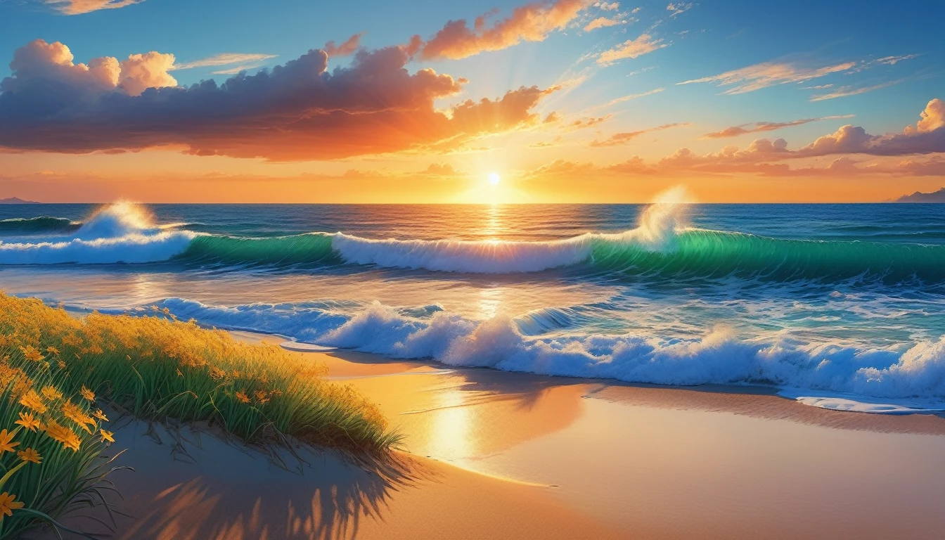 The background of the picture is peaceful by the sunset sea, and the sun was shining brightly, The waves crash against the beach, colorfyl Flowers bloom on the beach, Melodious sound, Strange clouds stand out, first-person view, panorama, UHD,(Best Quality),(Masterpiece Photos), (Details:1.4),(8k Highly Detailed)(Best Quality),(Best Shading)