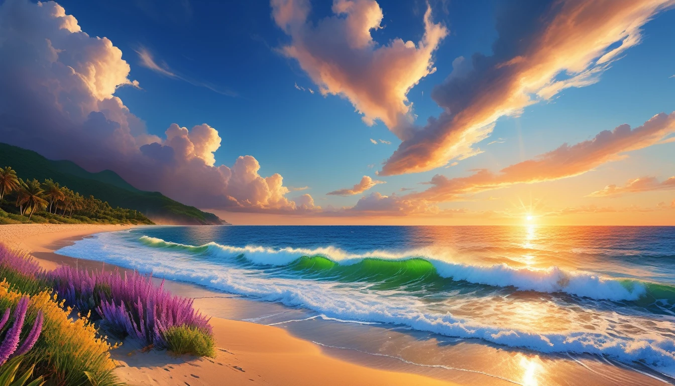 The background of the picture is peaceful by the sunset sea, and the sun was shining brightly, The waves crash against the beach, colorfyl Flowers bloom on the beach, Melodious sound, Strange clouds stand out, first-person view, panorama, UHD,(Best Quality),(Masterpiece Photos), (Details:1.4),(8k Highly Detailed)(Best Quality),(Best Shading)