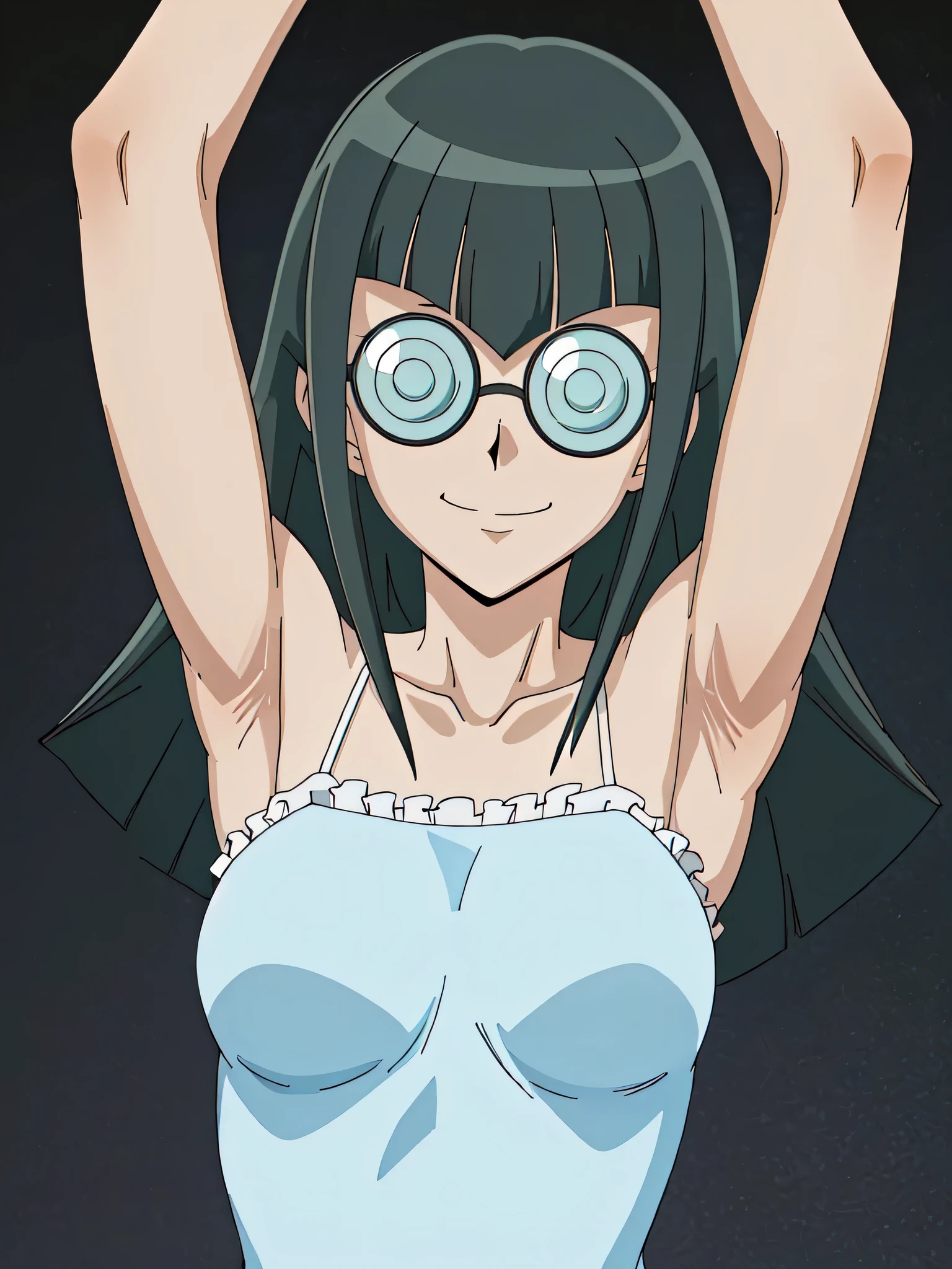 CC, glasses, dress, (light blue dress:1.1), frills, straps, spaghetti straps, collarbone, sleeveless, bare shoulders, bare arms, 1girl, solo, anime screencap, frontlighting, (simple background, black background, dark background:1.3), masterpiece, absurdres, hdr, soft light, best quality, detailed, highres, shiny skin, shiny hair, looking at viewer, smile, smug, (closed mouth:1.2), arms up, raised arms, armpits, in the center, symmetrical, upright,
