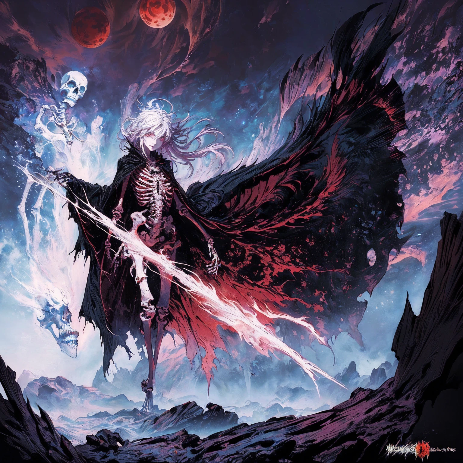 Black hair anime character, Detailed cover design, Anime epic artwork, detailed key anime art, Noah Bradley. Clear focus, dark fantasy artwork, Anime Fantasy Artwork, Official artwork with high detail, Dark Witch Panorama, Fractal Thunder by Dan Mumford, Eric of Melniborn, Lich Vecna (d&d), (full body:1.5), (wide shot:1.2), best quality, 4K, high resolution, (masterpiece:1.2), Very detailed, (current:1.37), (anatomically correct:1.2), Mood lighting, An undead girl in a long cape, black hair, Whole body including hands & arms & Legs & feet are all skeleton bones but except the head is still beautiful human face, Wearing a ragged gothic skirt, Shaded expression, Aloofness emotion, Dangerous sneer, beautiful but cruel smile, Facing the camera, Crucified, Pitch black sky, Blood-red moon, strange atmosphere, Gothic style, Unforgettable beauty, Dramatic shadows, Ethereal Light, Mysterious atmosphere