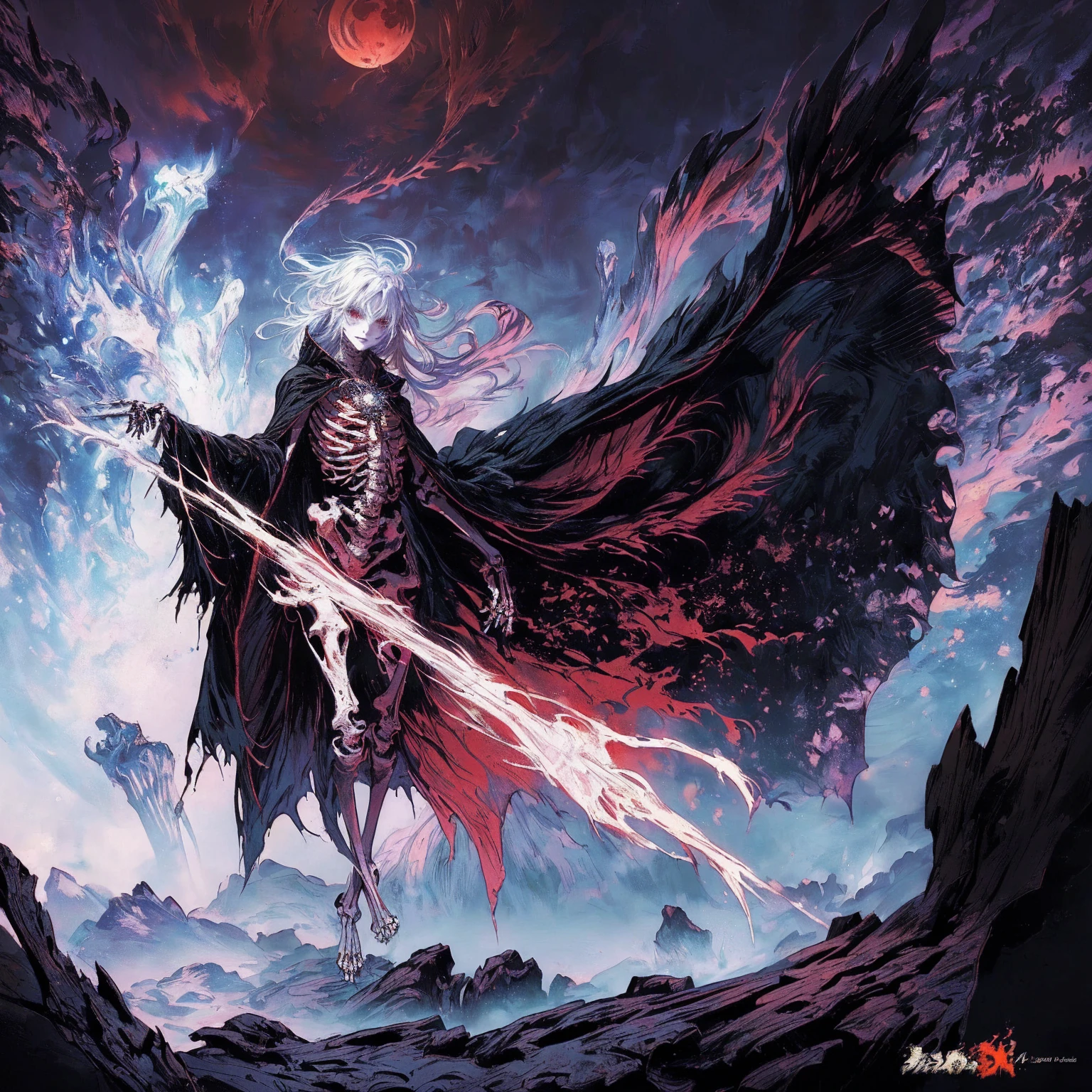 Black hair anime character, Detailed cover design, Anime epic artwork, detailed key anime art, Noah Bradley. Clear focus, dark fantasy artwork, Anime Fantasy Artwork, Official artwork with high detail, Dark Witch Panorama, Fractal Thunder by Dan Mumford, Eric of Melniborn, Lich Vecna (d&d), (full body:1.5), (wide shot:1.2), best quality, 4K, high resolution, (masterpiece:1.2), Very detailed, (current:1.37), (anatomically correct:1.2), Mood lighting, An undead girl in a long cape, black hair, Whole body including hands & arms & Legs & feet are all skeleton bones but except the head is still beautiful human face, Wearing a ragged gothic skirt, Shaded expression, Aloofness emotion, Dangerous sneer, beautiful but cruel smile, Facing the camera, Crucified, Pitch black sky, Blood-red moon, strange atmosphere, Gothic style, Unforgettable beauty, Dramatic shadows, Ethereal Light, Mysterious atmosphere