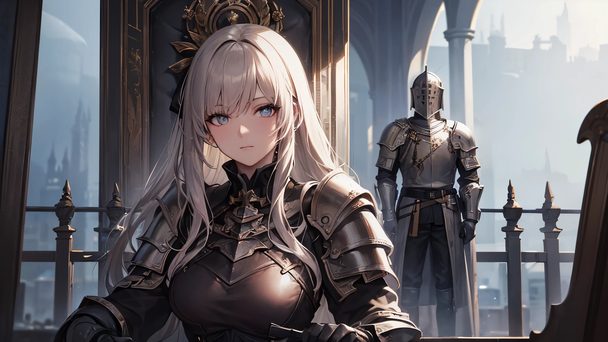 Highest quality, 8k, 4K, High resolution, High Contrast,1girl,only,Beautiful Hair,Half Up Hair,(Beautifully detailed face),Red, clear eyes, beautiful eyes, Slanted Eyes,20generation, Beautiful breasts, Gothic, knight armor, city, throne, Beautiful background, Soldiers wearing helmets are lined up behind him.