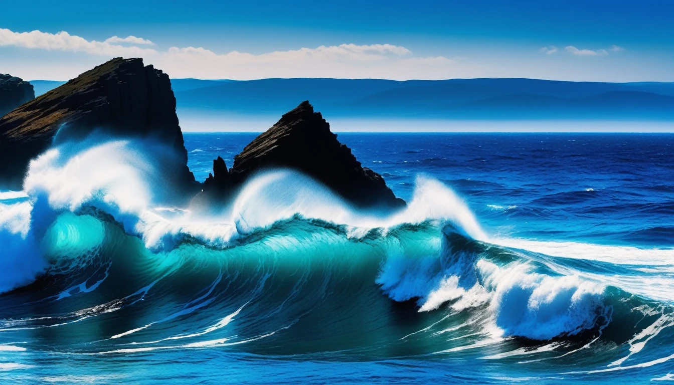 arafed view of a blue ocean with blue waves crashing on the rock, chaotic sea setting, breathtaking composition, beautiful sea landscapes, stunning ocean, magnificent background, beautiful background, beautiful dreamy breathtaking, beautiful blue ocean
