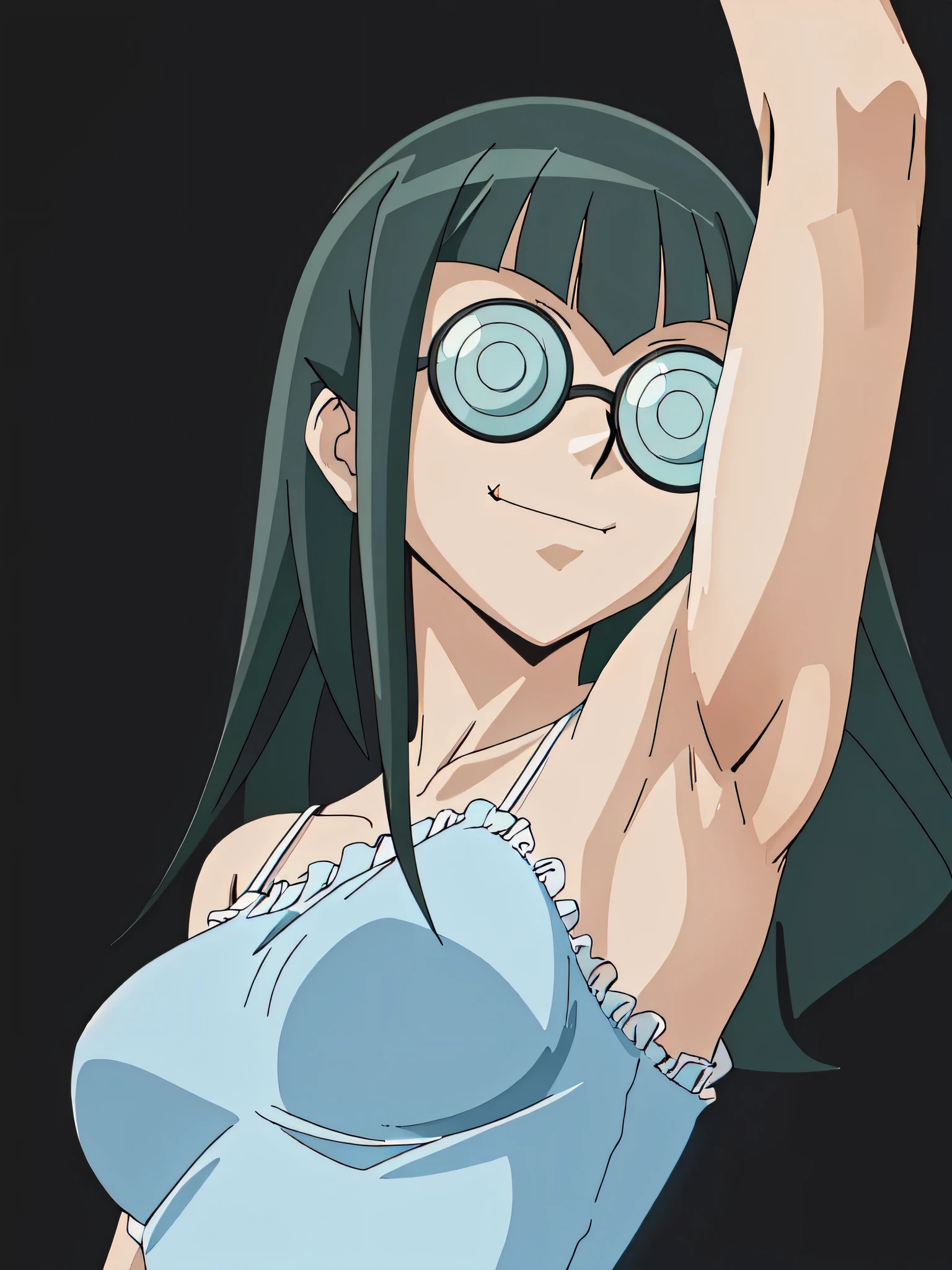 CC, glasses, dress, (light blue dress:1.1), frills, straps, spaghetti straps, collarbone, sleeveless, bare shoulders, bare arms, 1girl, solo, anime screencap, frontlighting, (simple background, black background, dark background:1.3), masterpiece, absurdres, hdr, soft light, best quality, detailed, highres, shiny skin, shiny hair, looking at viewer, smile, smug, (closed mouth:1.2), arms up, raised arms, armpits, in the center, symmetrical, upright,