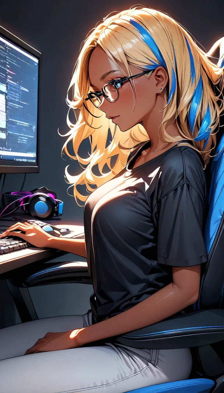 (highest quality:1.2, Very detailed, up to date, Vibrant, Ultra-high resolution, High Contrast, masterpiece:1.2, highest quality, Best aesthetics), Portraiture、girl、slim, Bright colors、Beautiful fine details、Beautiful lip detail、long hair, ((wavy hair:0.4))、messy hair, blonde and blue ((streaked hair:1.3)), highlights hair: 1.3, (medium breast:1), (tan skin:1.3), black t-shirt, pants, game programer, programming on the desk PC., sitting gaming chair, glasses, side shot, (cowboy shot:1.1), (look at PC on the desk:1)