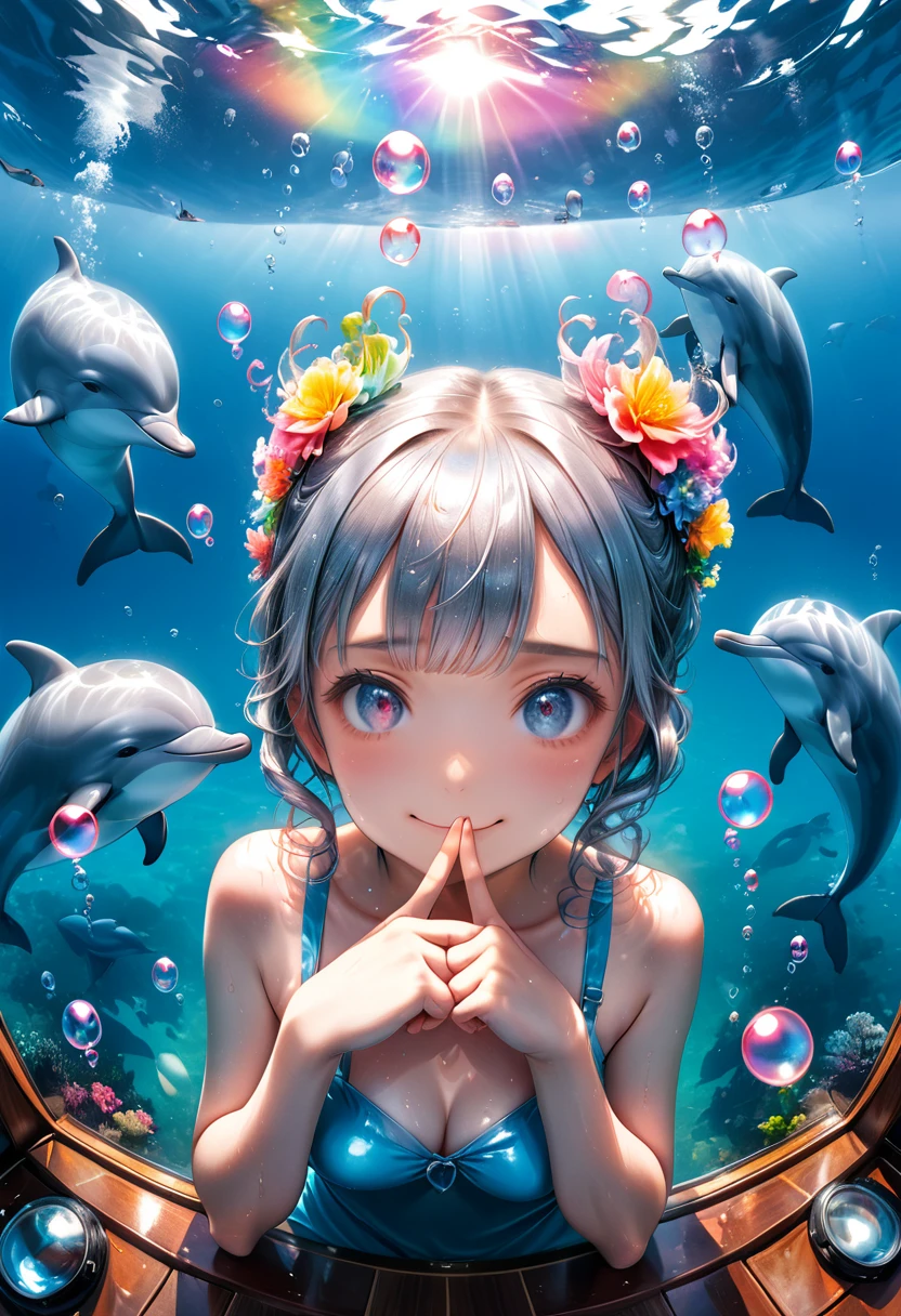 Double exposure, Fisheye Lens, RAW Photos:1.2, masterpiece, Highest quality, 16K, Unbelievably absurd, Very detailed, Perfect beauty, Photographing beautiful dolphins from underwater, On the boat, 1 girl, deck, silver short curly hair, Blunt bangs, Long sideburns, Wet Hair, Vibrant colors, Ultra-realism:1.2, Middle Chest, Blue sky and rainbow, View your audience, Looking at the bubbles with one eye,The girl looks up,Secret pose with index finger over mouth, A shy smile, Mirror Effect:1.2,Two Arms,5 fingers on each side,Heart Bubble