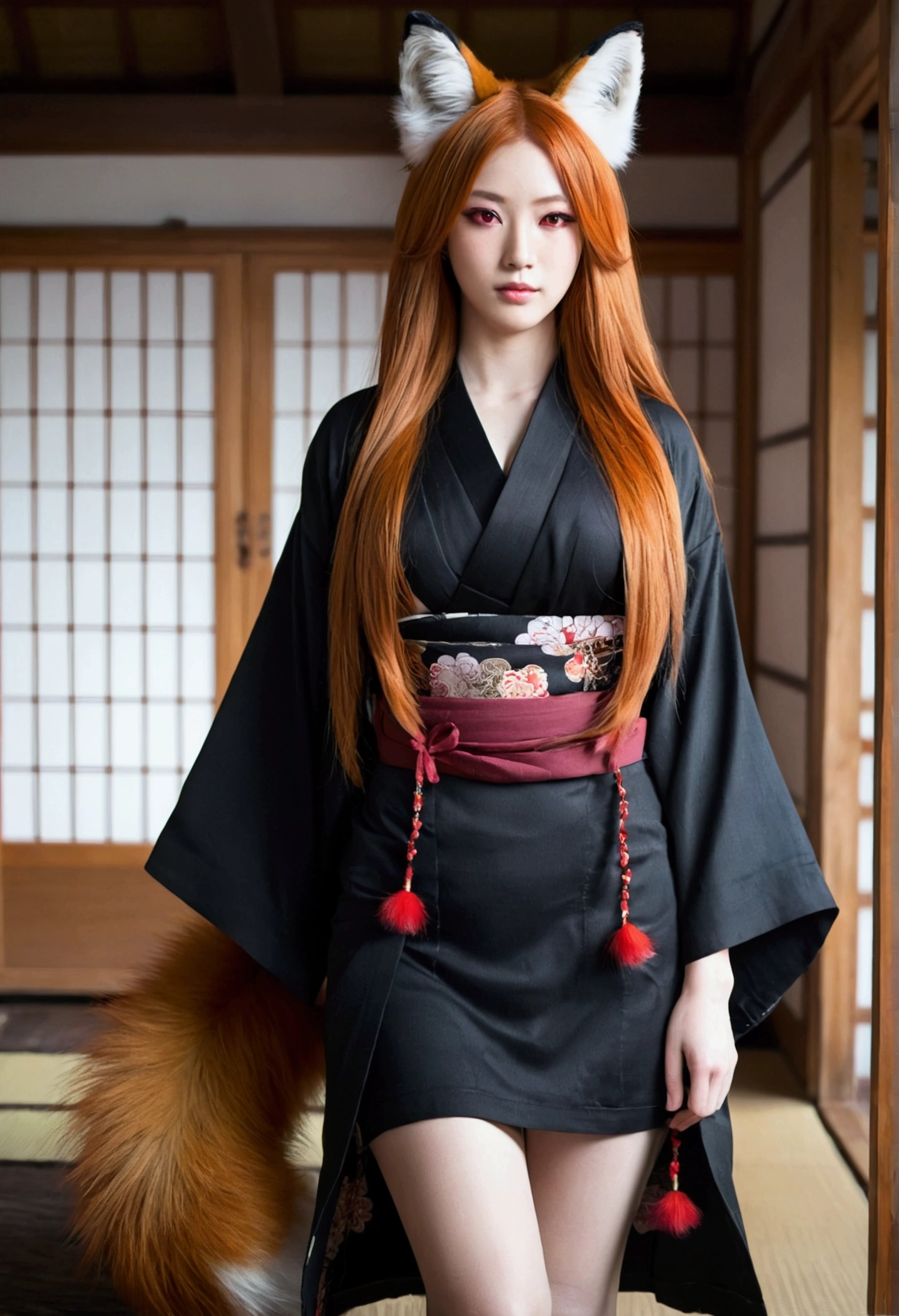 1girl with long ginger hair, red eyes, fox ears, 3 fox tails, black kimono, big breasts, village house, indoors, unbotton kimono