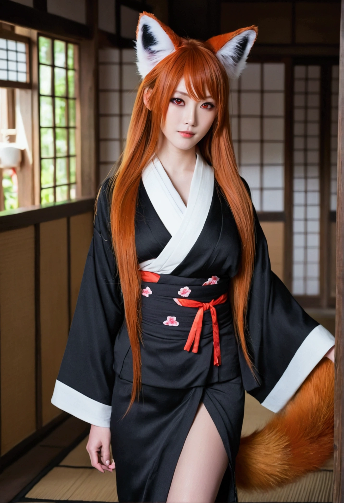 1girl with long ginger hair, red eyes, fox ears, 3 fox tails, black kimono, big breasts, village house, indoors, unbotton kimono
