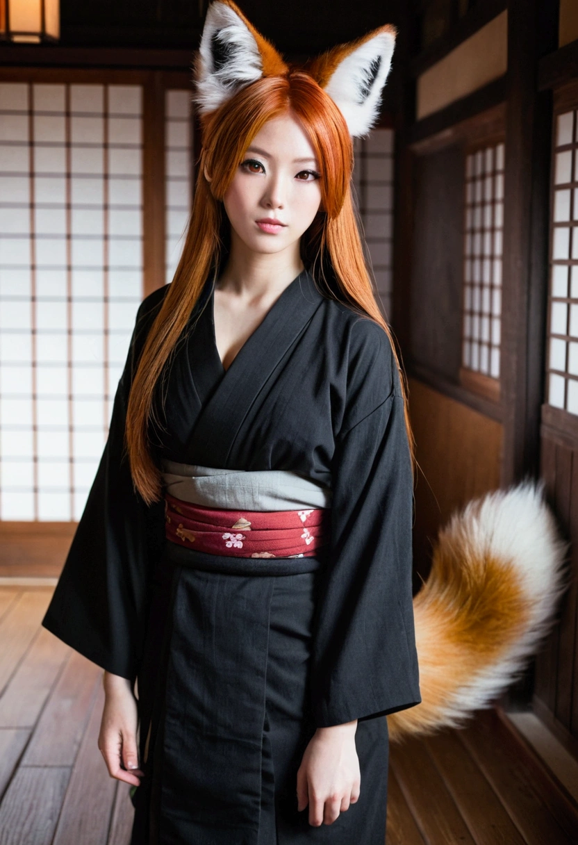 1girl with long ginger hair, red eyes, fox ears, 3 fox tails, black kimono, big breasts, village house, indoors, unbotton kimono