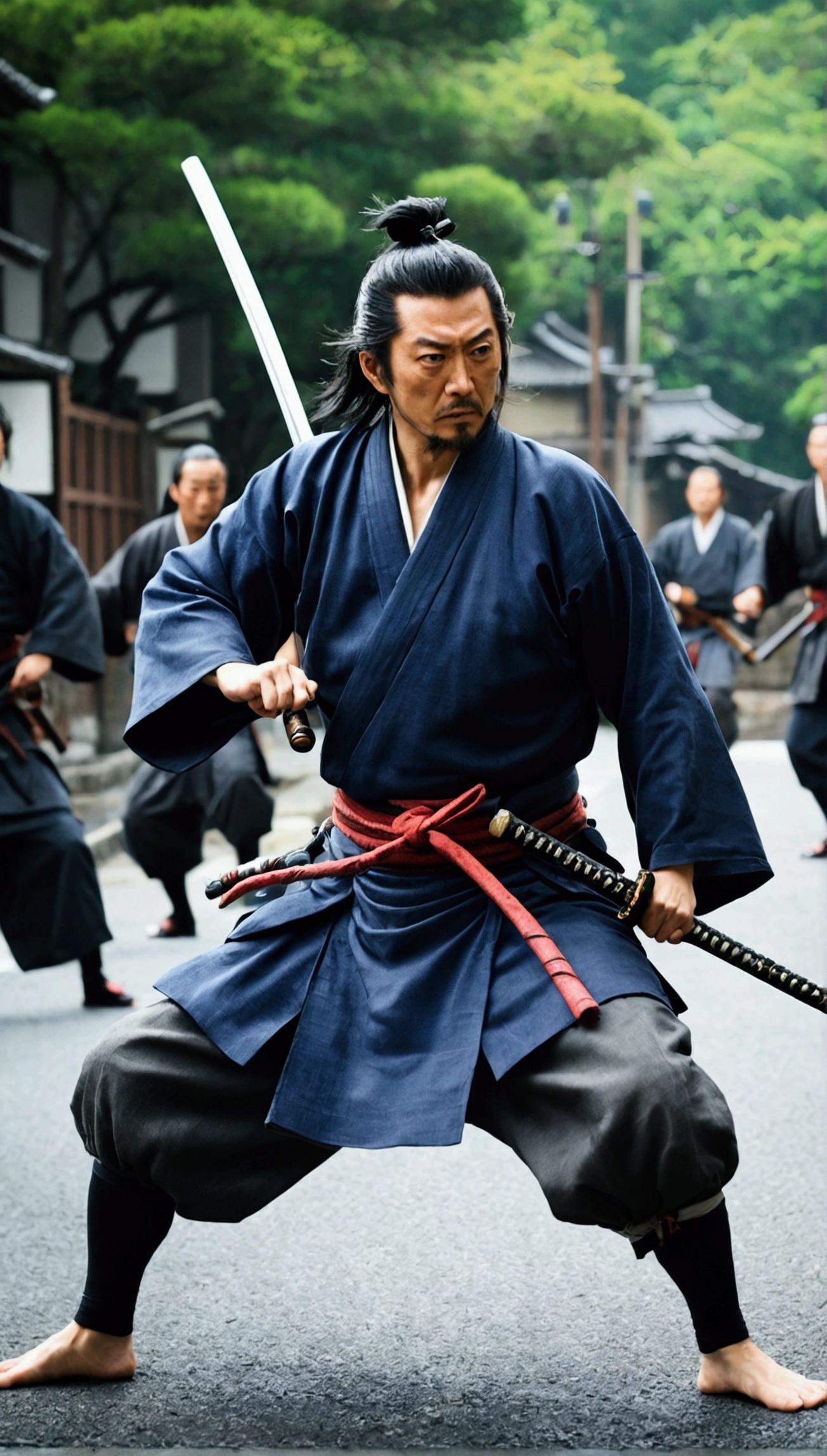 「Miyamoto Musashi fighting in the street。Around him are fallen enemies and fugitives.々。