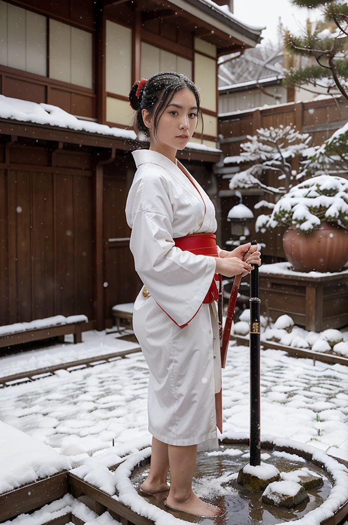 a young woman in a white kimono with red trim, with a samurai sword raised above her head, the second hand is pulled back, one leg is bent at the knee, the second leg is pulled back, the movie "Kill Bill", a snow-covered Japanese garden, bonsai, a small Japanese fountain, dark starry sky, snow is falling