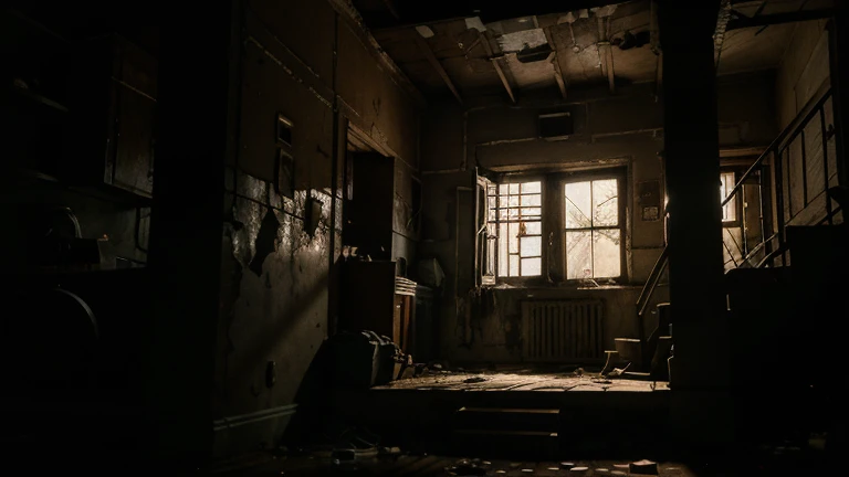 masterpiece,Extreme detail CG Unity 8K wallpaper,“You go down a creaky staircase into the dark basement of the abandoned house. The smell of must and old earth cement hangs heavy in the air. The walls are covered with damp spots, and everywhere on the floor lie broken bottles and old, rusted tools. A single, flickering beam of light penetrates through a small, dirty window and illuminates the dense darkness. In the background you can hear the, eerie rustling of rats, that disappear into the shadows.A dark shadow of ghost glides along the wall"