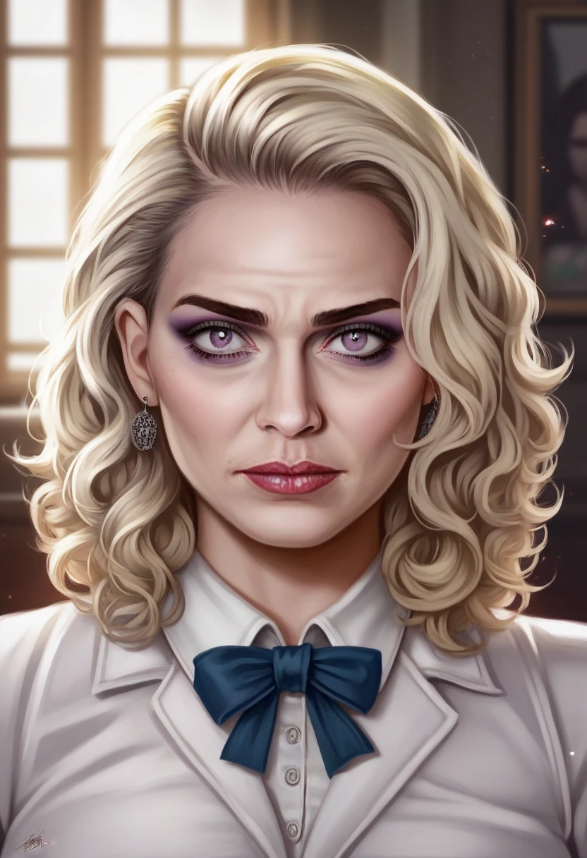 A beautiful young woman with long blonde hair and a white blouse, a surrealist portrait inspired by João Artur da Silva, with a window frame, a portrait of Margot Robbie, Margot Robbie's face, Margot Robbie as a neon operator, Margot Robbie in GTA V, a pretty Margot Robbie as a vampire, Margot Robbie as a Greek goddess, (best quality,4k,8k,highres,masterpiece:1.2),ultra-detailed,(realistic,photorealistic,photo-realistic:1.37),HDR,UHD,studio lighting,ultra-fine painting,sharp focus,physically-based rendering,extreme detail description,professional,vivid colors,bokeh,portraits,surrealism
