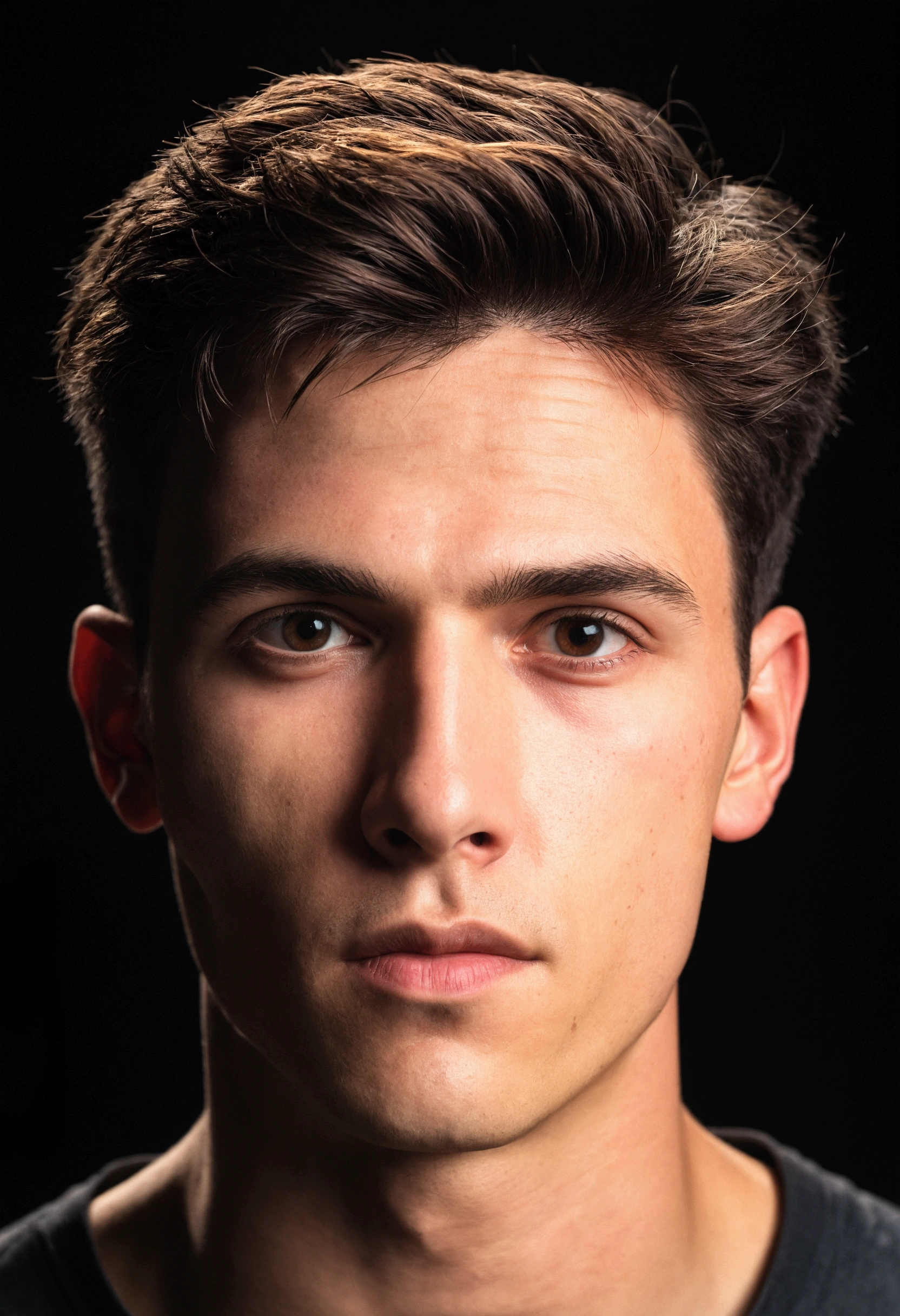 Photo of a man around 22 years old, ultra textured skin, Natural brown hair, short hair cut, face looking flat into the camera, athletic build, model looking, brutal looking, full-face, lights in DARK environment, ultra sharp focus, realistic shot.