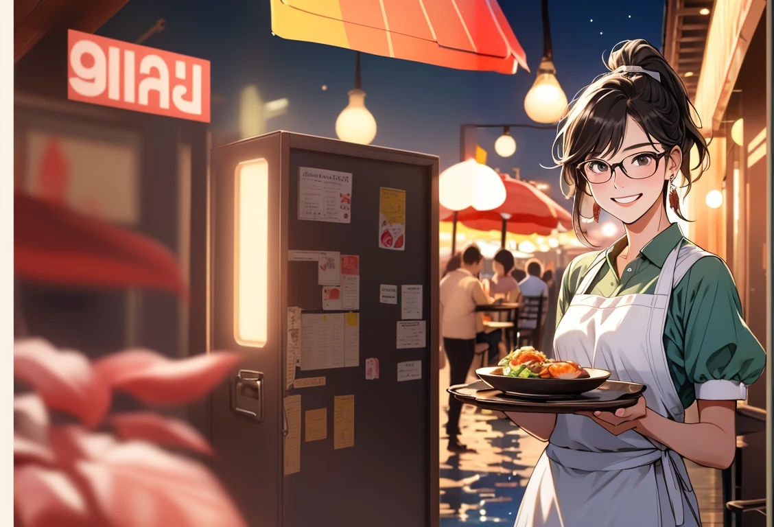 A girl settles ledgers at a barbecue restaurant at night,(Wearing a light blue dress:1.4),long dark hairs,Qi bangs。(the whole body:1.4) ,master masterpiece,8K,ultra hd picture quality