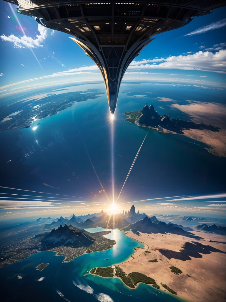 mysteriousな超巨大なトンネルの中に森がある，Different world，The sunlight from the sun shines on the earth，Skyscrapers，no gravity，Multidimensional，High Dimension，Colorful，Best Quality，8k，mysterious，Fantasy，Different space，Gravity is reversed，Nature，romantic，A world beyond imagination，Dream world，Buildings of the future，human transcendence，Huge river，masterpiece，最高masterpiece，perfection，