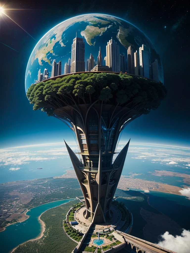 mysteriousな超巨大なトンネルの中に森がある，Different world，The sunlight from the sun shines on the earth，Skyscrapers，no gravity，Multidimensional，High Dimension，Colorful，Best Quality，8k，mysterious，Fantasy，Different space，Gravity is reversed，Nature，romantic，A world beyond imagination，Dream world，Buildings of the future，human transcendence，Huge river，masterpiece，最高masterpiece，perfection，
