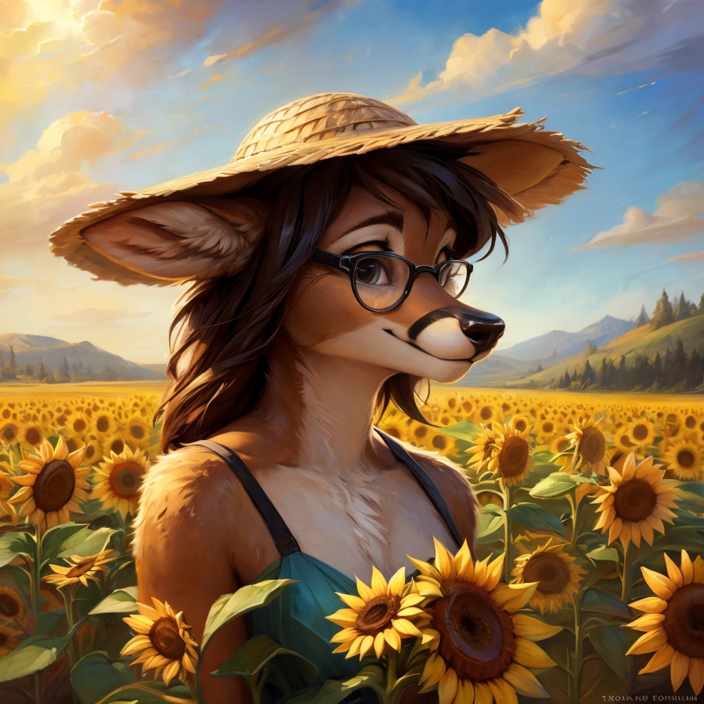 uploaded on e621, artstation, by Pixelsketcher, by Bayard Wu, by Thomas Benjamin Kennington , by Einshelm, by hioshiru and kenket, Chunie, portrait, solo anthro female deer doe, with small featureless breasts, clear dark blue, cinematic lighting, day, sunny day, sunflower field, stands in a high sunflower field, sunflower field background, sunflowers, mediterranean background, horizon background, shiny, chin short curly dark brown hair, wears big black nerd glasses, very very beautiful furry art, furry art, smiling, joyful, shiny, happy, feminine, cute face, muzzle, fluffy chest, flawless face, Fallow deer, 1girl, Sakimichan is beautiful, Masterpiece, Wavethesallow Face, shiny, Detailed image, portrait, Detailed image, portrait, full body, wears pure white and wide spaghetti straps dress, wears big and wide beige summer straw hat, shiny, realistic face, perfect anatomy, hourglass body, (furry body:1.1), anthropomorphic deer, looks at the viewer, small fluffy tail, detailed background, (cute anatomy:1.1)
