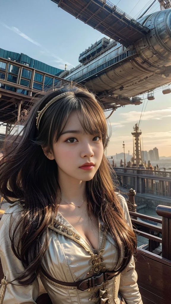 source_photo, (photography, realistic:1.4), cinematic, depth of field, bokeh, best quality BREAK
a woman, solo, steampunk adventurer, dynamic angle, dramatic lighting, Victorian-era outfit with mechanical gadgets, airship dock, towering zeppelins, mechanical contraptions, golden hour, determined expression, warm colors