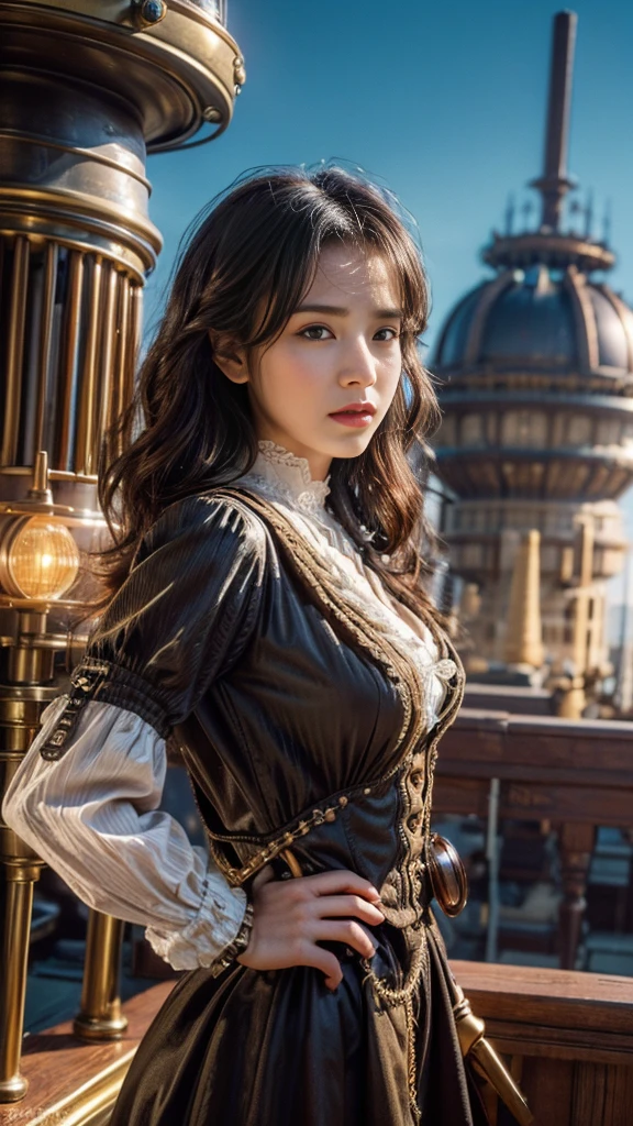 source_photo, (photography, realistic:1.4), cinematic, depth of field, bokeh, best quality BREAK
a woman, solo, steampunk adventurer, dynamic angle, dramatic lighting, Victorian-era outfit with mechanical gadgets, airship dock, towering zeppelins, mechanical contraptions, golden hour, determined expression, warm colors