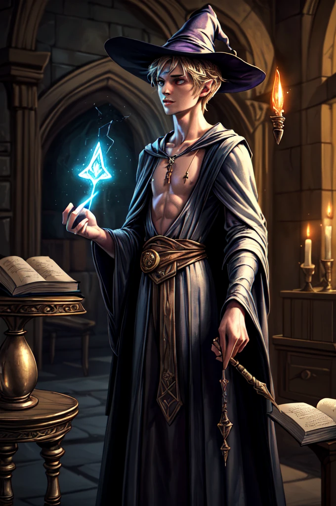 1boy, a thin and mysterious wizard wearing a robe and a hat, casting a spell in a tower with a wand and a scroll, books and potions in the background, arcane and mysterious style, sparkling spells in air, fanciful energy, cinematic lighting,