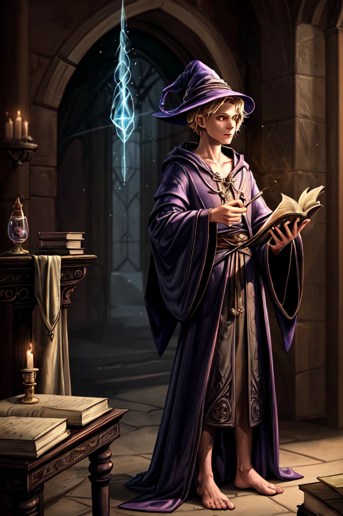1boy, a thin and mysterious wizard wearing a robe and a hat, casting a spell in a tower with a wand and a scroll, books and potions in the background, arcane and mysterious style, sparkling spells in air, fanciful energy, cinematic lighting,