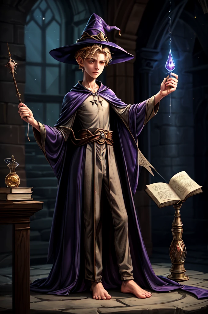 1boy, a thin and mysterious wizard wearing a robe and a hat, casting a spell in a tower with a wand and a scroll, books and potions in the background, arcane and mysterious style, sparkling spells in air, fanciful energy, cinematic lighting,