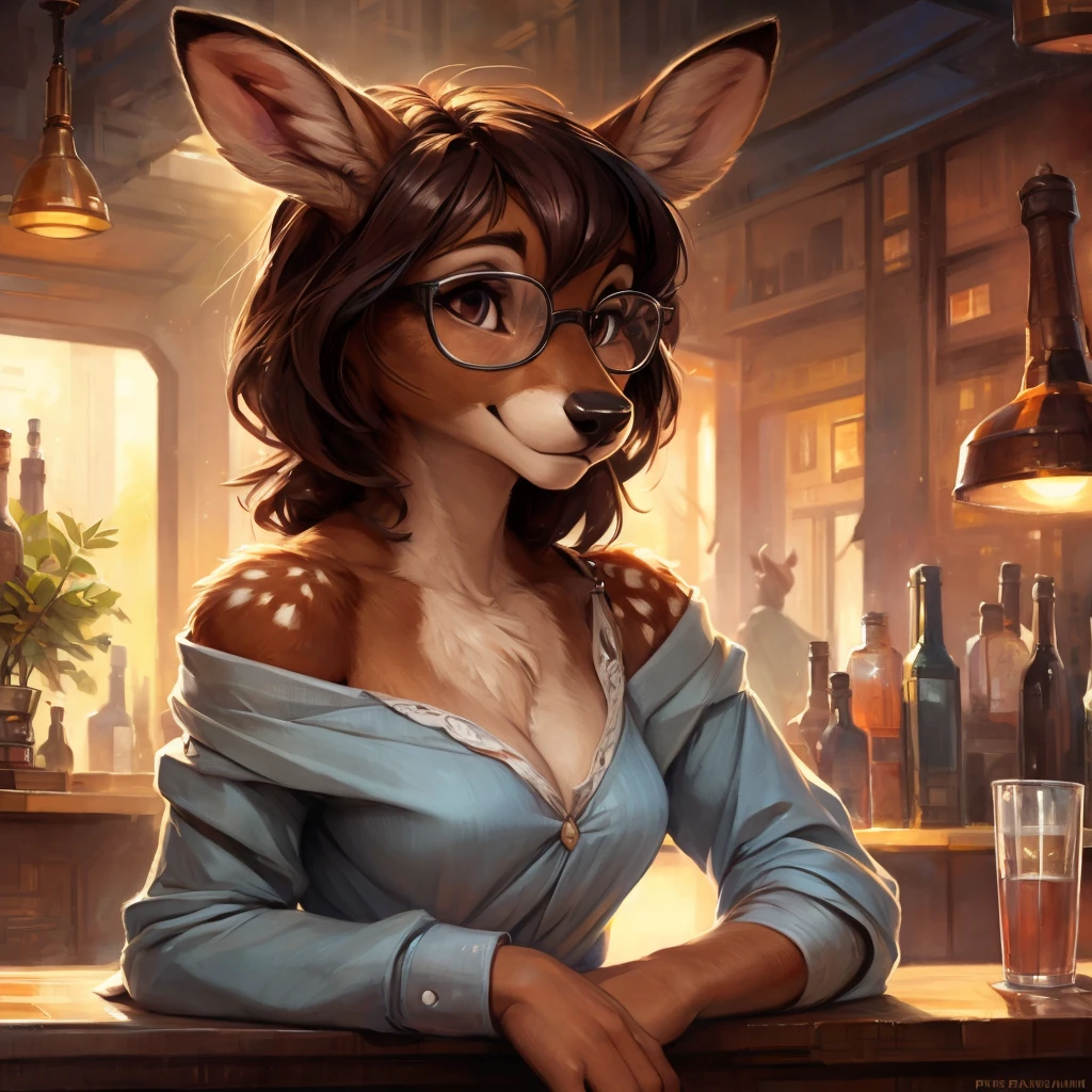 uploaded on e621, artstation, by Pixelsketcher, by Bayard Wu, by Thomas Benjamin Kennington , by Einshelm, by hioshiru and kenket, Chunie, portrait, solo anthro female deer doe, tiny featureless breasts, tiny breasts, clear dark blue, cinematic lighting, sitting on a bar counter, sitting inside at a party bar, night club background, shiny, chin short curly dark brown hair, shoulder length hair, wears big black nerd glasses, very very beautiful furry art, furry art, thoughtful, shiny, feminine, cute face, muzzle, fluffy chest, flawless face, Fallow deer, 1girl, Sakimichan is beautiful, Masterpiece, Wavethesallow Face, shiny, Detailed image, Detailed background, Detailed image, wears pure oversize white wide big blouse, shiny, realistic face, perfect anatomy, hourglass body, anthropomorphic deer, happy, very happy, small ears, huge black nerd glasses, hourglass body, (furry body:1.1), anthropomorphic deer, small fluffy tail, detailed background, (cute anatomy:1.1), sexy, sexy look